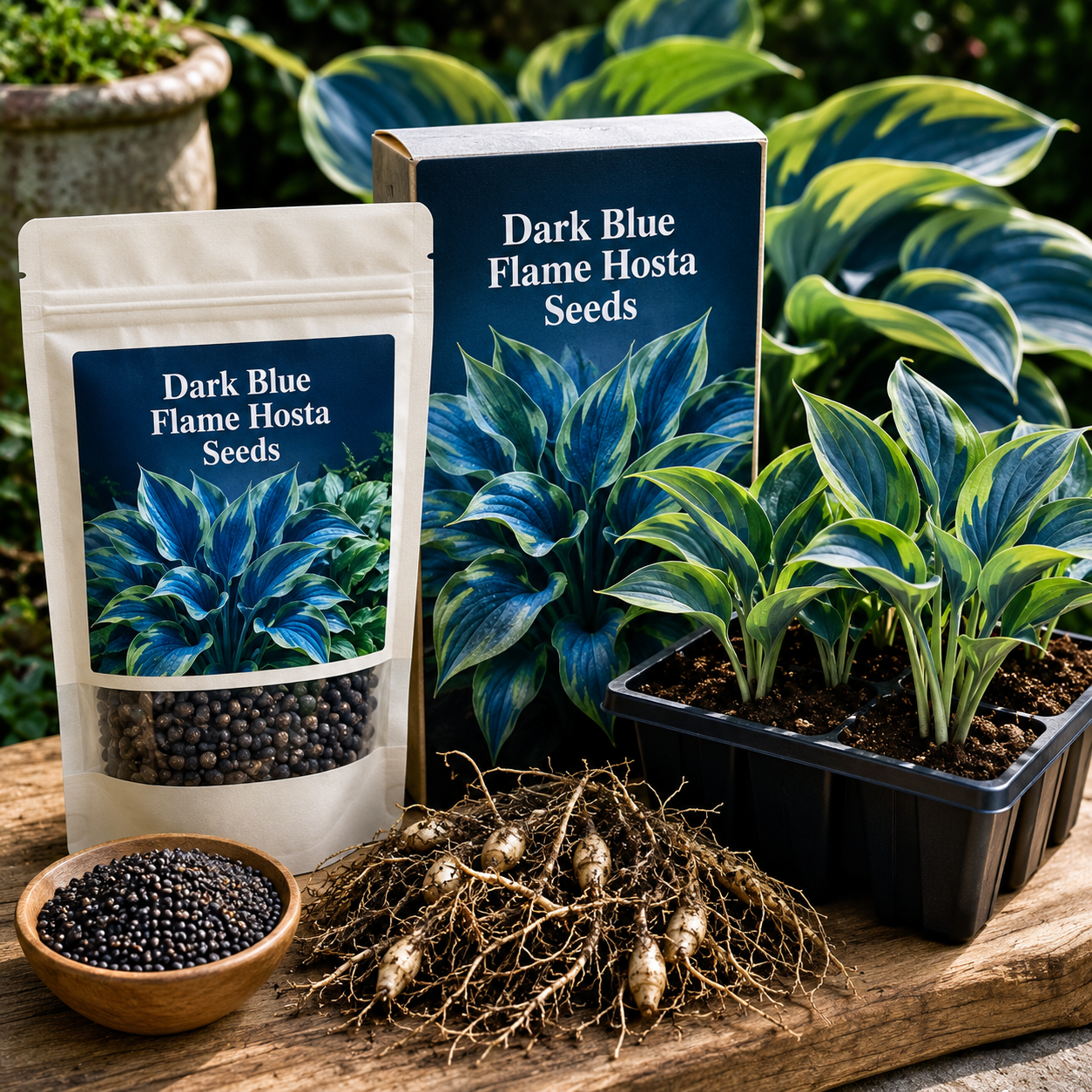 Dark Blue Flame Hosta Seeds for Dramatic Foliage - Pack Display