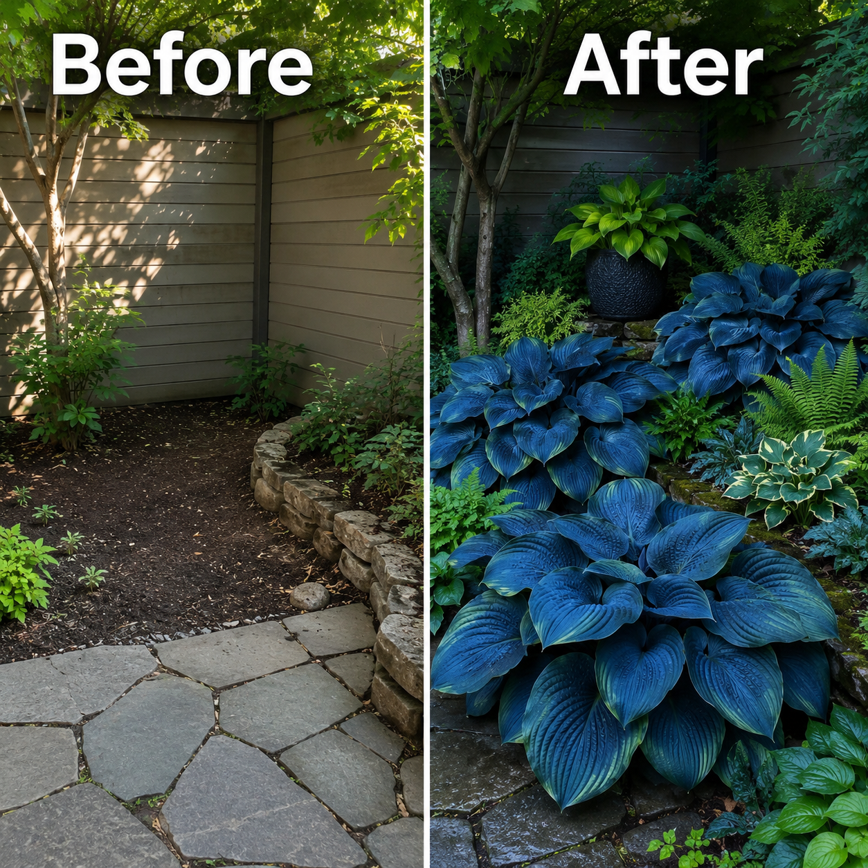 Dark Blue Flame Hosta Seeds for Dramatic Foliage - Before / After Transformation