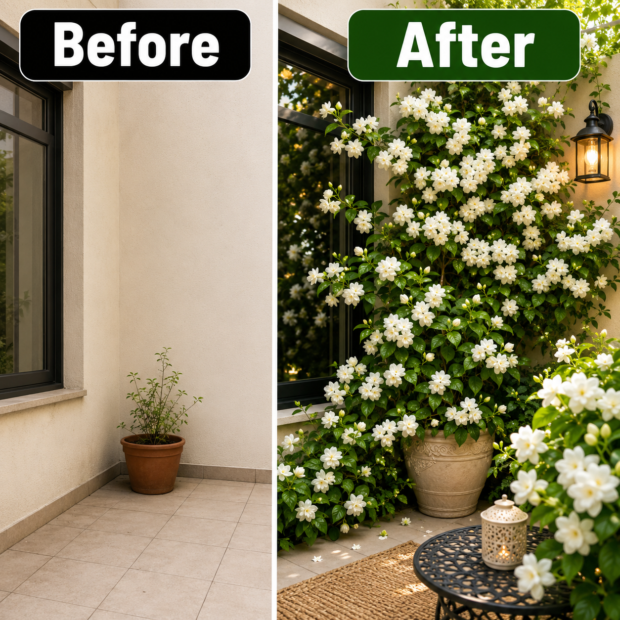 Double Bloom Jasmine Seeds for Fragrant Gardens - Before / After Transformation