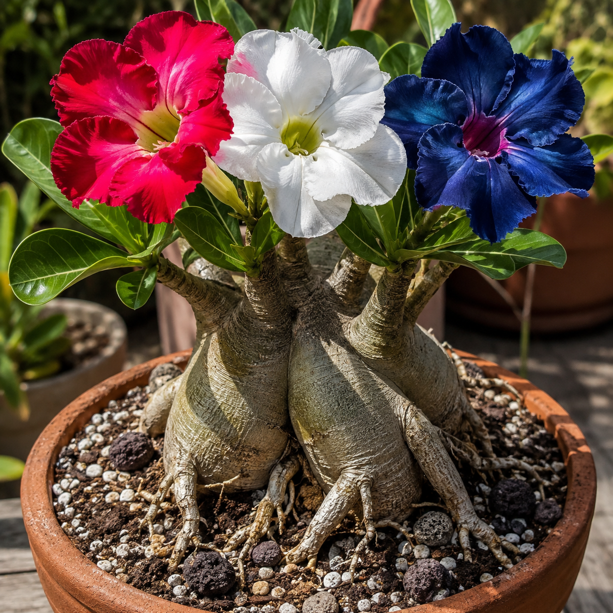 Red White Blue Desert Rose Seedlings - Caudex And Roots Close-Up