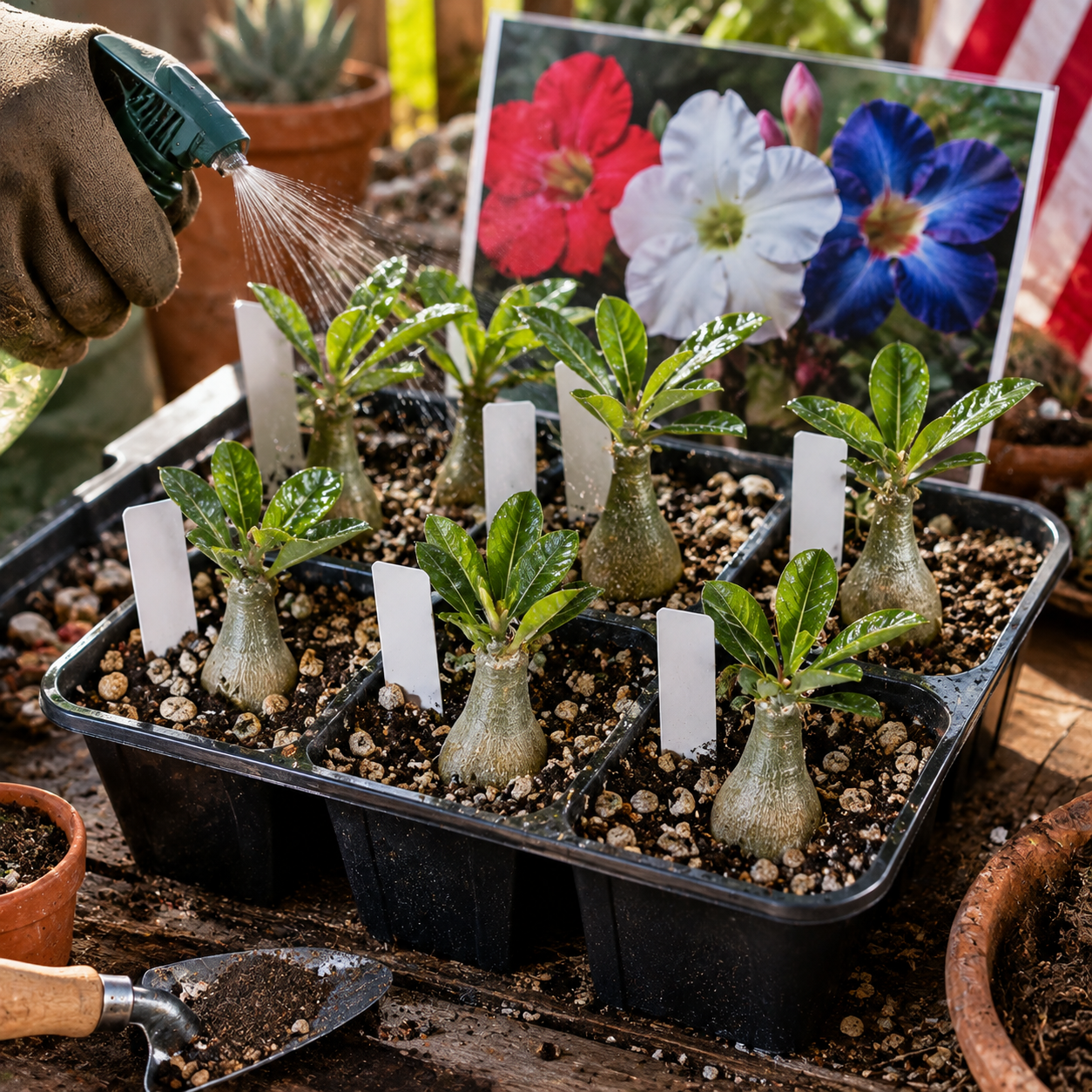 Red White Blue Desert Rose Seedlings - Seedlings Tray Reality Shot