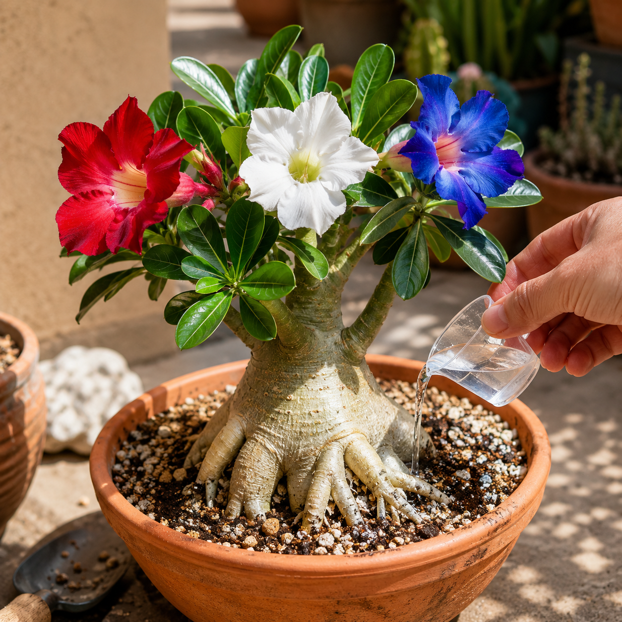 Red White Blue Desert Rose Seedlings - Low Water Care Scene
