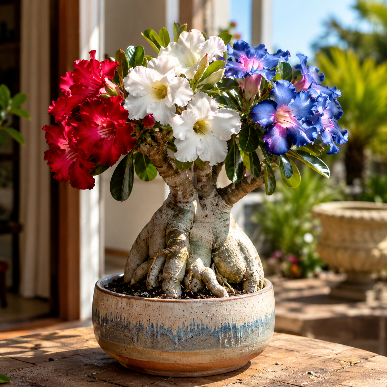 Red White Blue Desert Rose Seedlings - Sculptural Tabletop Beauty