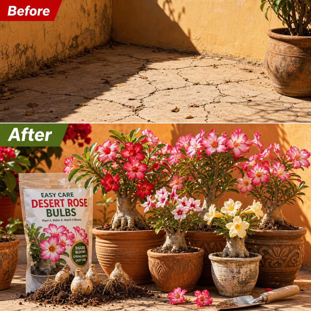 Easy Care Desert Rose Bulbs - Sunny Patio Before After