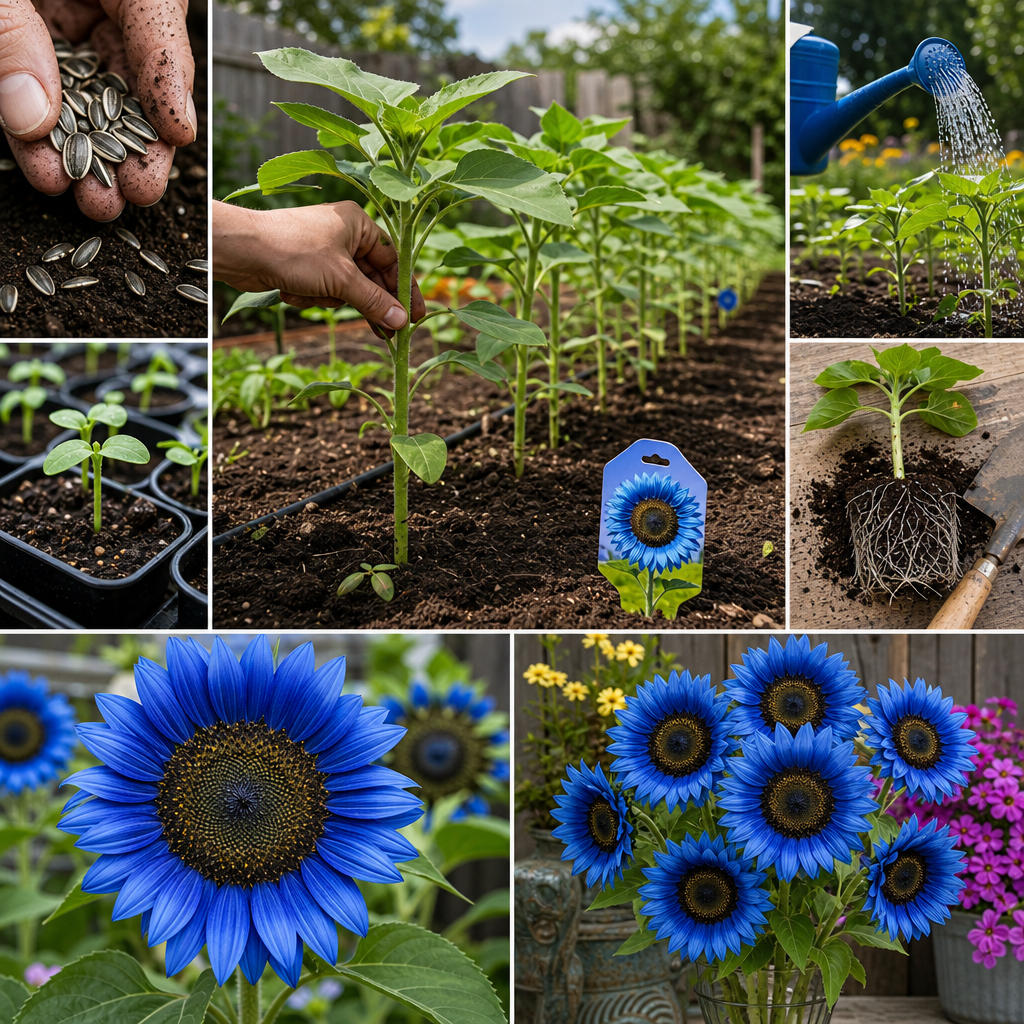 Blue Flame Sunflower Seeds for Statement Gardens - Seedling Row In Soil