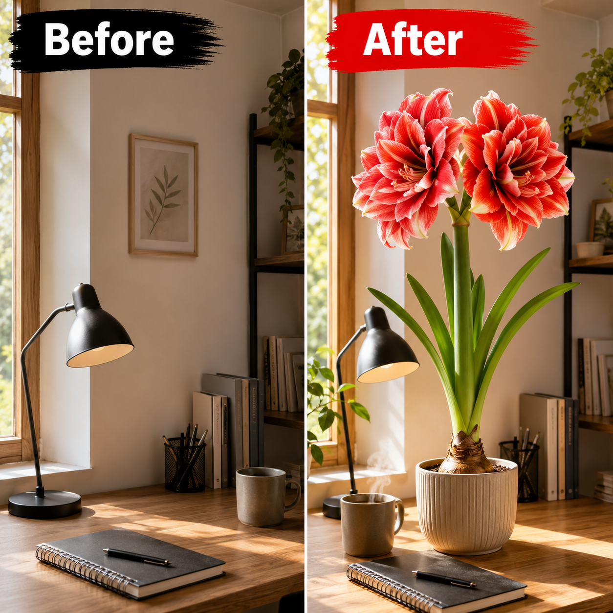 Double Petal Fragrant Amaryllis Bulbs - Desk Bloom Before After