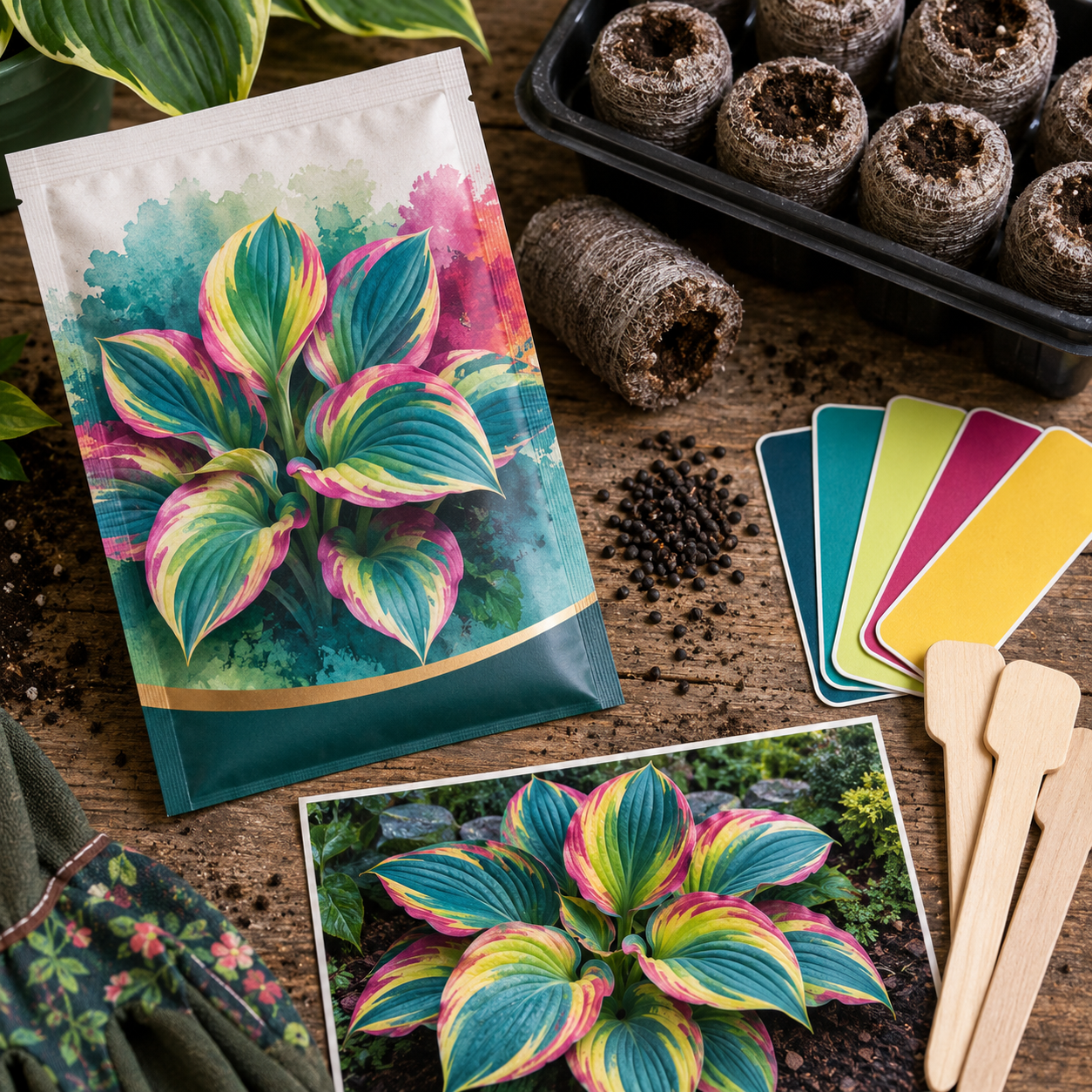 Peacock Flame Hosta Seeds for Bright Foliage - Seed Pack And Swatches