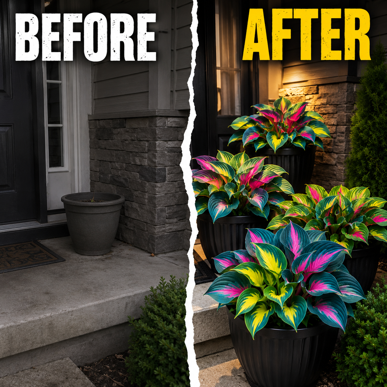 Peacock Flame Hosta Seeds for Bright Foliage - Entryway Before After
