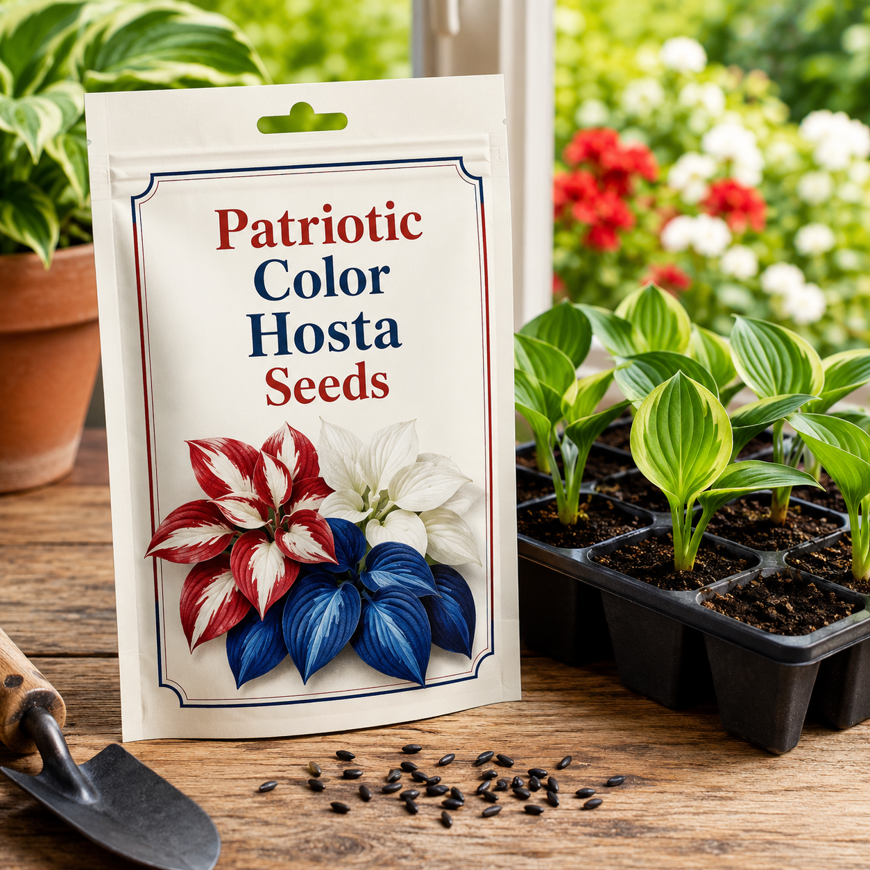 Patriotic Color Hosta Seeds for Shade Gardens seed pack and starter tray display